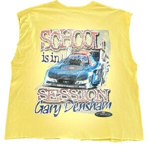 Gildan Yellow Tank Top with Blue Race Car Graphic cropped